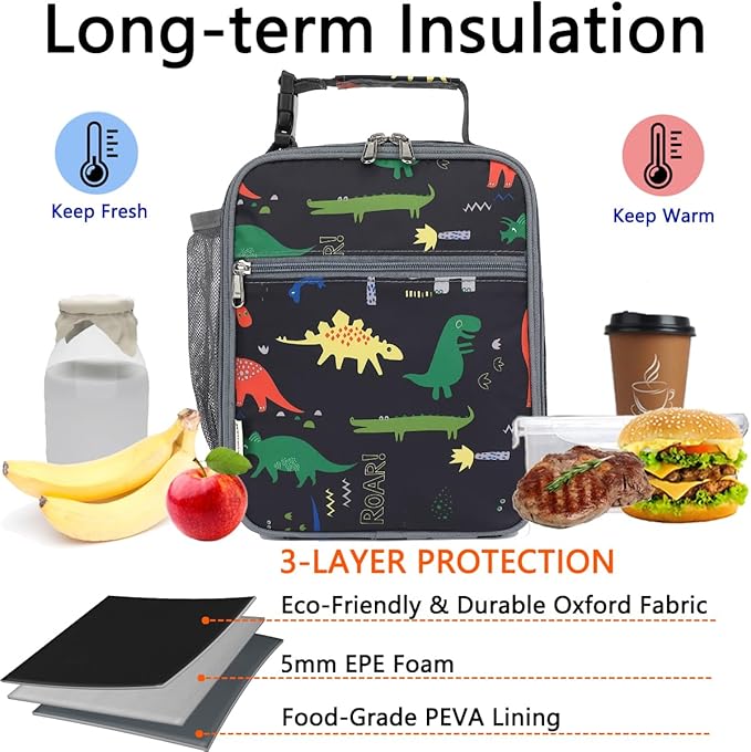 Lunch Box for Kids Boys Girls Men Women, Insulated Small Soft Cooler Lunch Bag Kit for School Work Picnic Travel - Reusable Portable lunchbox,Dinosaur Dark Blue