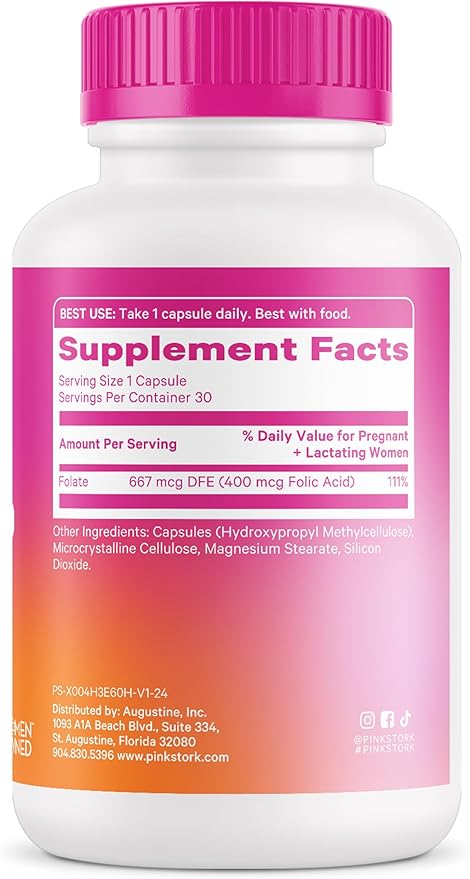 Pink Stork Folic Acid Supplement for Women - 400mcg, Prenatal Vitamins for Women, Supports Neural and Spine Health, Red Blood Cell Production, Mood, Energy During Pregnancy - 30 Capsules