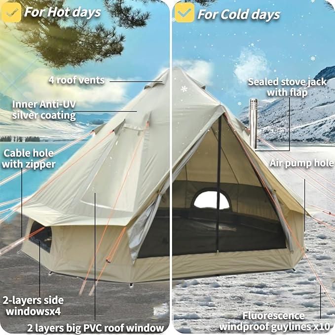 DANCHEL OUTDOOR B2I Waterproof Inflatable Camping Tent with Stove Jack for 1-3 Person, No Center Pole Portable Blow up Galmping Yurt with Pump, 300D Oxford Polyester Bell Tent Hiking, 29lbs, 3m