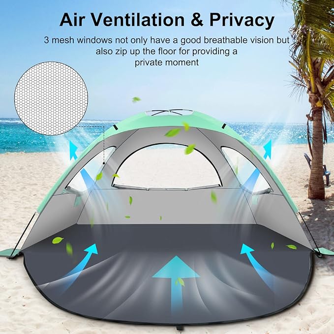 Beach Tent Sun Shelter for 3-4Person, Lightweight Beach Tent with UV Protection, 3 Mesh Roll Up Windows & 8.0mm Fiberglass, Easy Assemble