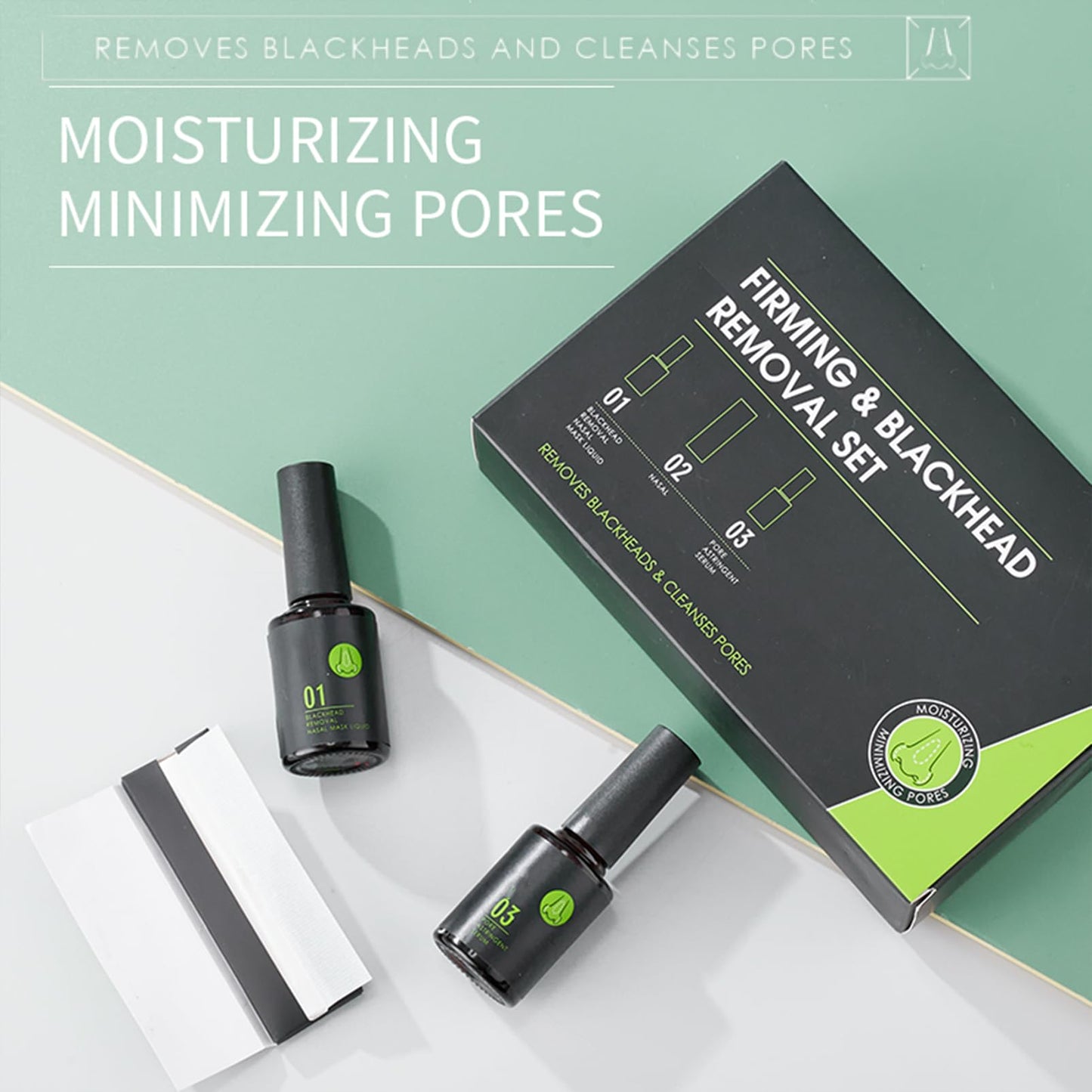 3PCS Face Care Kit & Set - Firming Skin & Blackhead Remover for Face Set – Deep Cleansing Nose care Kit with No/se Blackhead removal Liquid, 50pcs No/se Pore Strips & Pore Minimising Serum