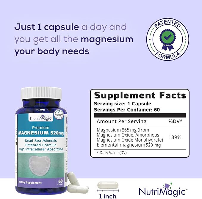 520mg Active Elemental Magnesium from The Dead Sea (from Oxide), Patented High Absorption, Pure Mineral Complex for Muscle, Bone, Brain Health Support, 1 Capsule Per Day, 60 Vegan Capsules