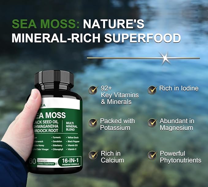 16-in-1 Organic Sea Moss, Ashwagandha, Black Seed Oil, Turmeric, Bladderwrack Burdock, Vitamin C & D3 with Elderberry Manuka Dandelion Yellow Dock