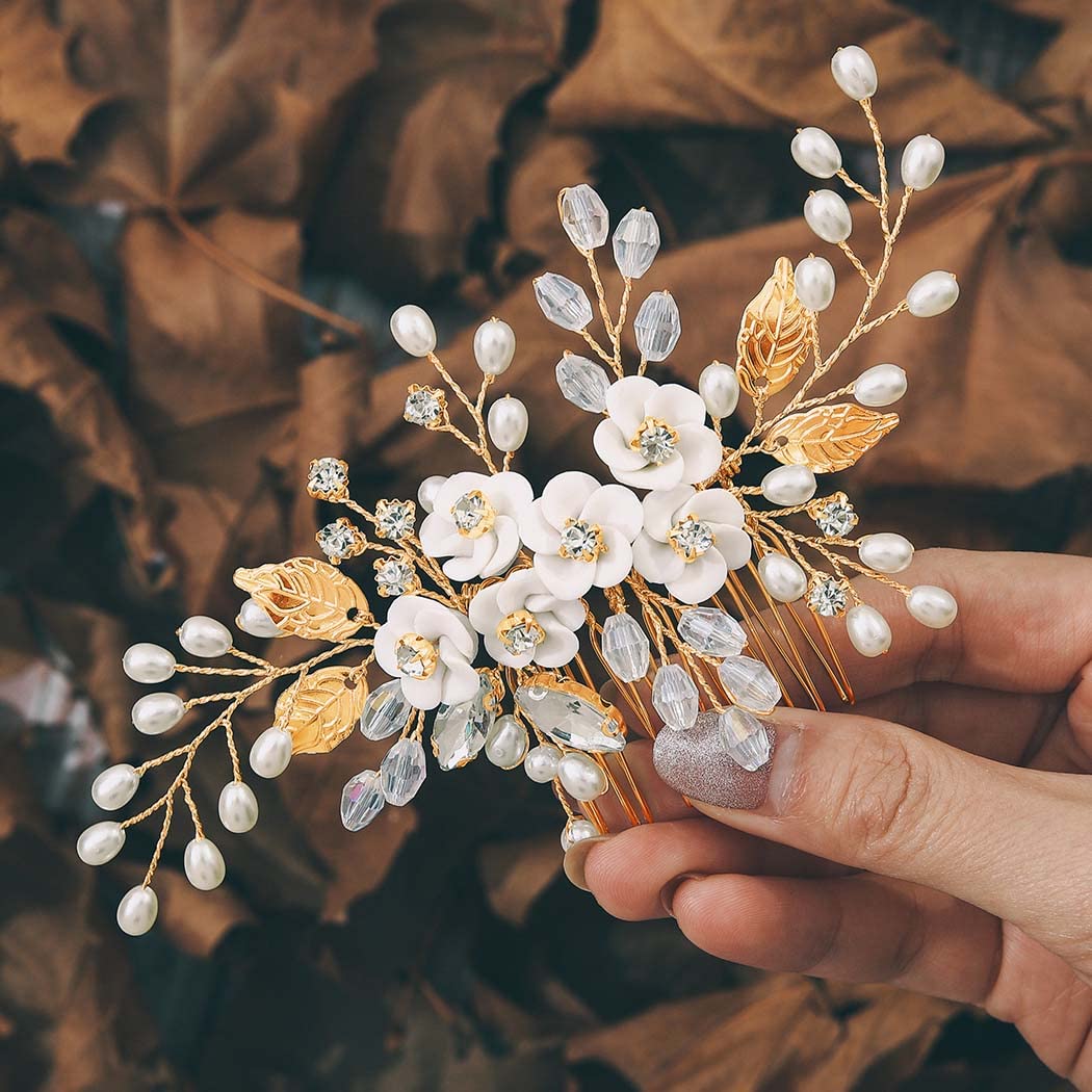 Unicra Flower Bride Wedding Hair Comb Leaf Gold Bridal Headpiece Pearl Hair Accessories Crystal Hair Piece Jewelry for Women and Girls (B Gold)