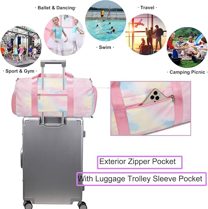 Sports Duffel for Girls Dance Teen Duffle Weekender Gym Travel Ballet Yoga Bags Cheer Bag with Shoe Compartments Pink