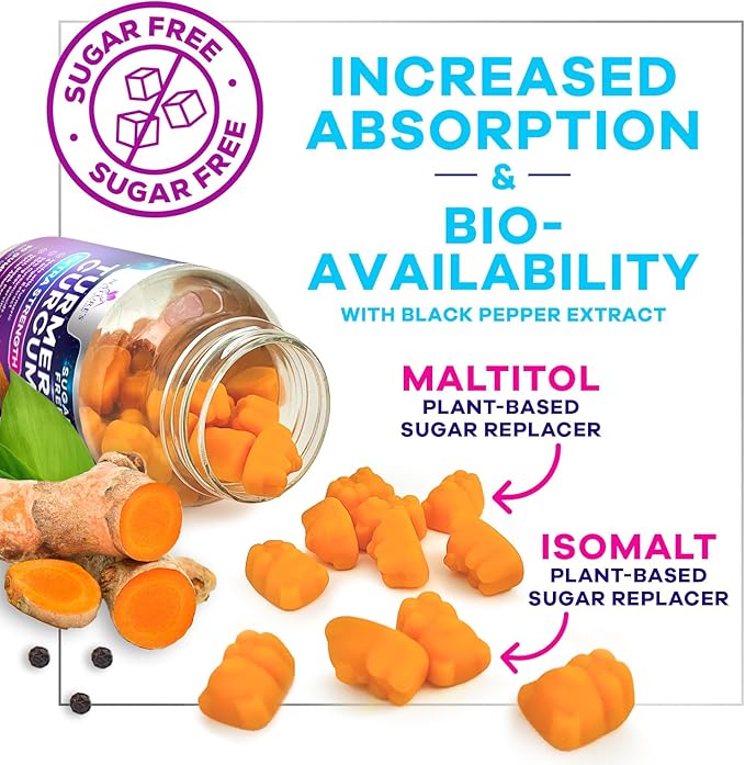 Turmeric Supplement Gummies Sugar Free - Turmeric Curcumin and Ginger Gummies with Black Pepper Extract for High Absorption, Curcumin Gummy for Joint Support, Non-GMO, Gluten Free, 60 Turmeric Gummies