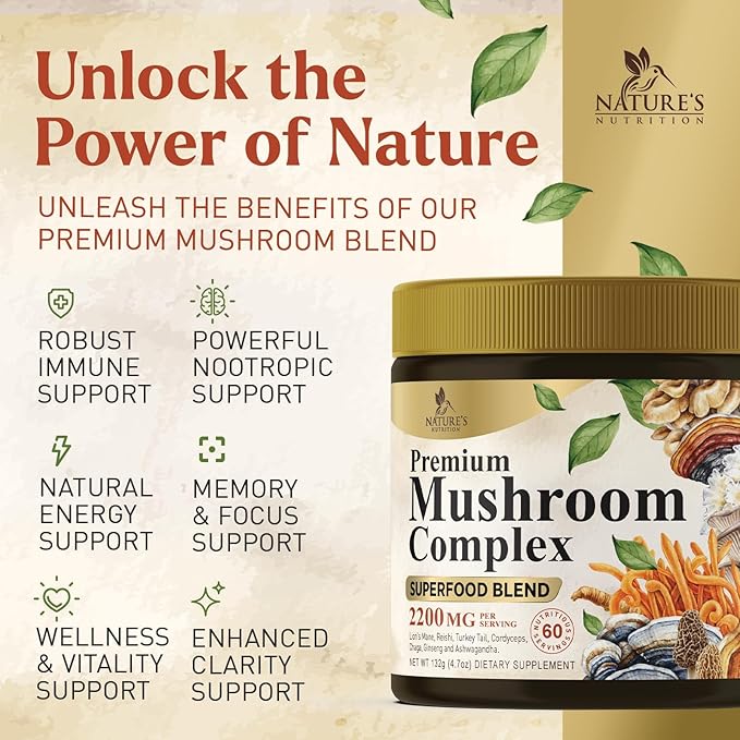Mushroom Powder - 11 in 1 Complex Mushroom Supplement with Organic Lions Mane, Reishi, Cordyceps, Chaga, Turkey Tail, Maitake Extract for Memory, Brain, Energy, Focus, & Immune Support - 60 Servings