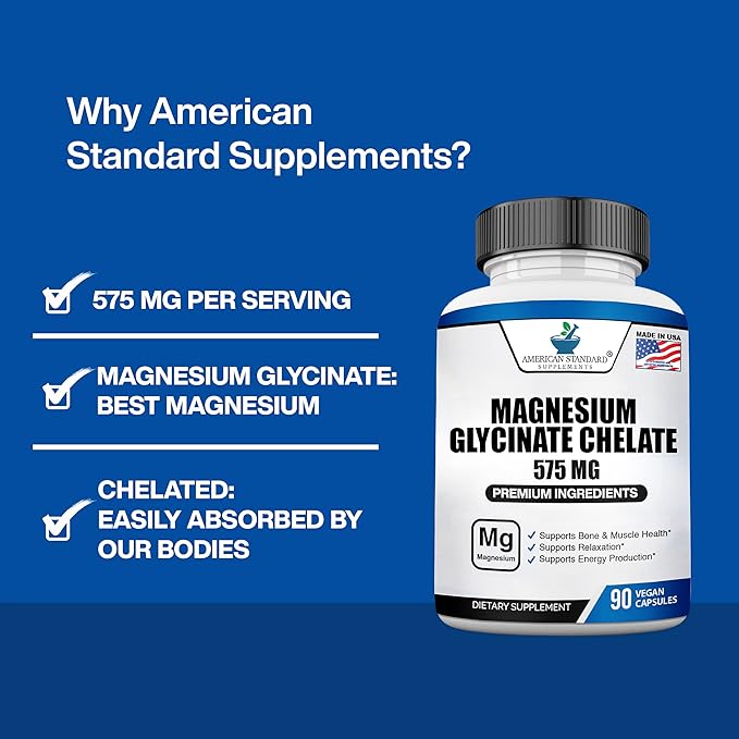 American Standard Supplements Magnesium Glycinate 575mg per Serving, 90 Veggie Capsules, Magnesium Supplement for Bone & Muscle Health, Chelated for Maximum Absorption