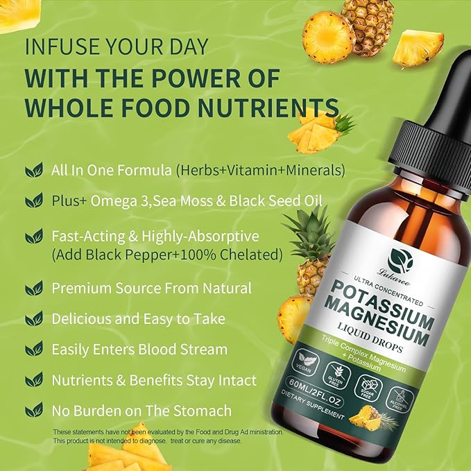 Potassium Magnesium Supplement Liquid w/Triple Complex Magnesium Glycinate & Potassium Plus Omega 3, Sea Moss, Black Seed, D3K2 & Calcium for Zzz, Leg Cramps & Muscle-2 FL OZ Drop