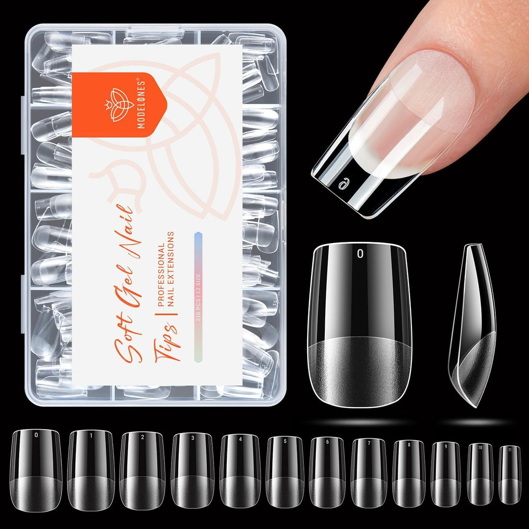 modelones Short Square Nail Tips, Pre-shaped Soft Gel Tips Fake Nails False Acrylic Clear Full Cover Press on Extension Gel Kit Manicure DIY at Home 216PCS 12Sizes