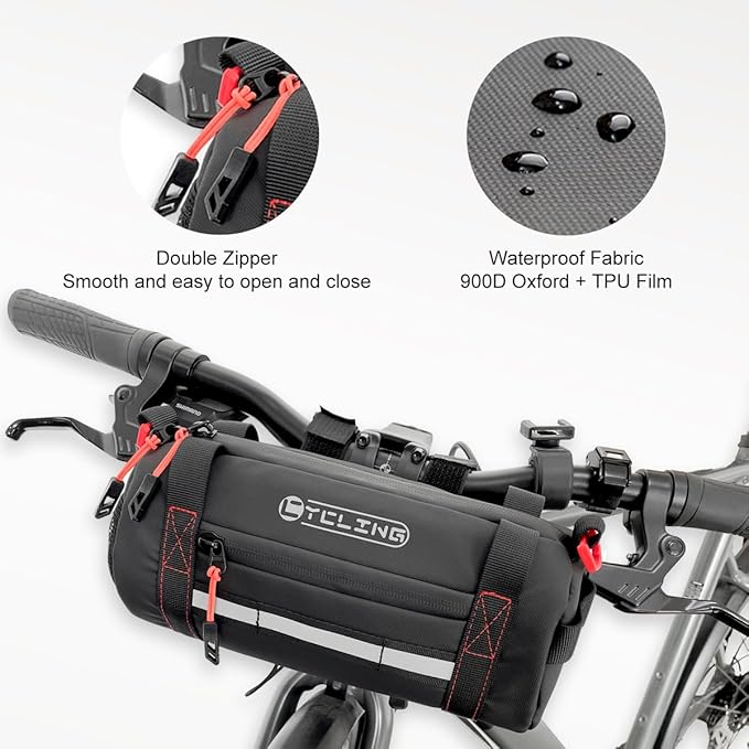 Bike Handlebar Bag, Waterproof Bicycle Front Roll Bag with Reflective Area, Cycling Storage Pouch with Waterproof Zipper Shoulder Strap Removable Straps for Road Mountain E-Bikes