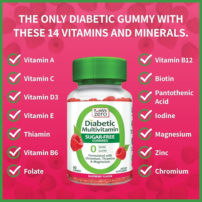YUM-V'S YumVs Multivitamin Gummies | Sugar Free Supplement Vitamins for Women & Men | Chromium, Thiamine and Magnesium | Natural Raspberry Flavor Chewables - 60 Count