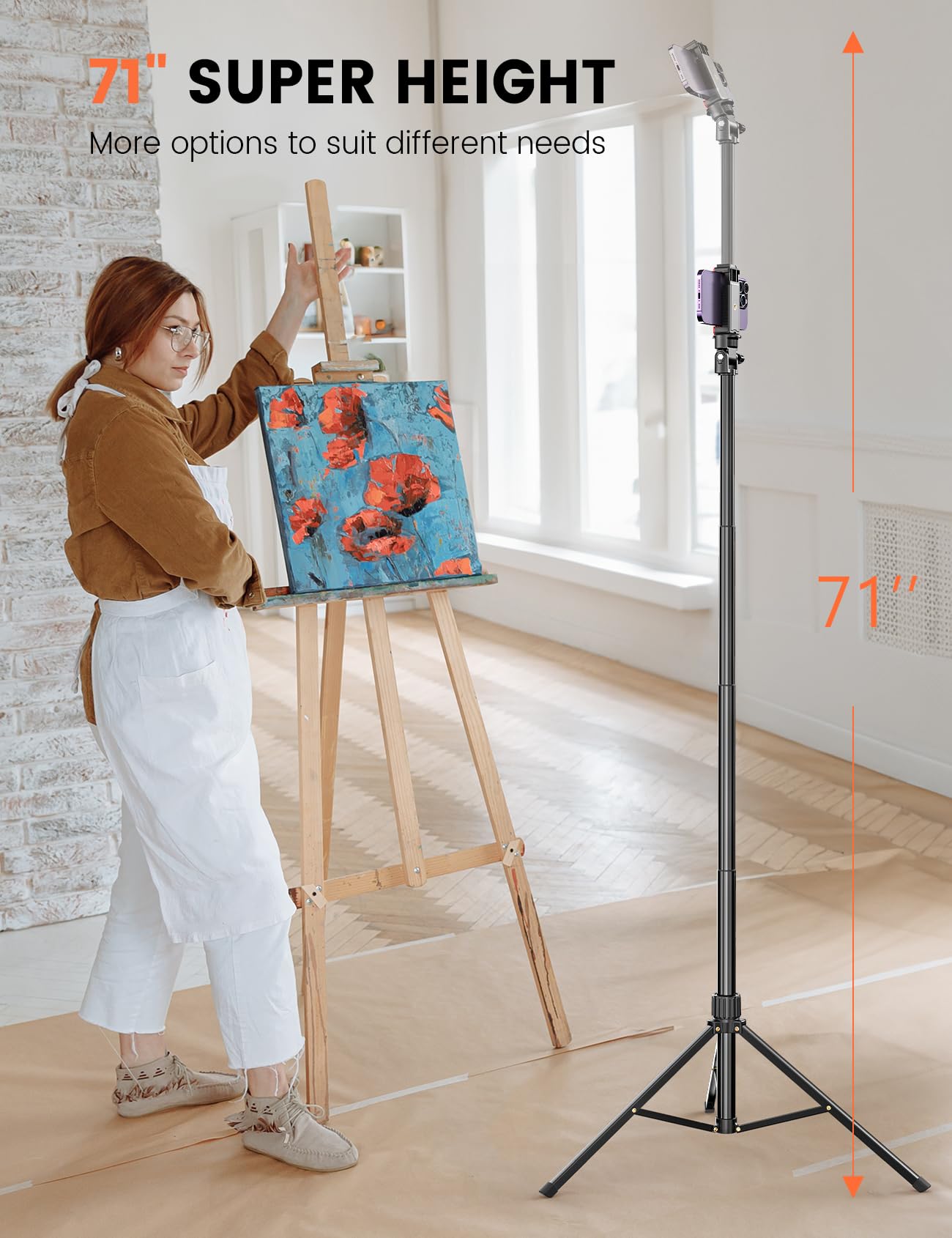 Pnitri 71'' Phone Tripod Stand, Extendable Reinforced Aluminum Phone Stand with Wireless Remote, Stable Cellphone Tripod for iPhone/Smartphones