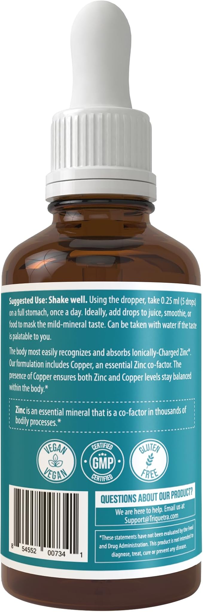 Ionic Zinc Plus Copper Liquid Concentrate 240 Servings, Glass Bottle, Vegan - Balanced Ratio of Zinc Copper - Supports Immunity, Brain Thyroid (2 oz.)