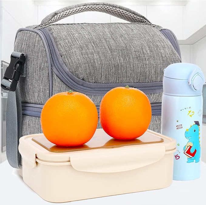 FlowFly Double Decker Cooler Insulated Lunch Bag Large Tote for Boys, Girls, Men, Women, With Adjustable Strap (Grey)