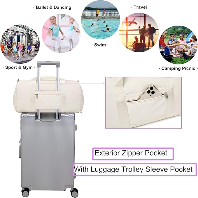 Dance Bag for Girls Ballet Bag Gym Bag Sports Travel Duffle Overnight Weekender Bag Water Resistant Yoga Bags with Shoes Compartment Beige