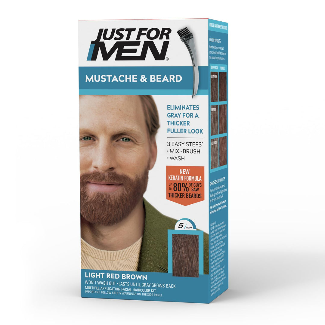 Just For Men Mustache & Beard, Beard Dye for Men with Brush, With Keratin Biotin Aloe and Coconut Oil for Healthy Facial Hair - Light Red Brown, M-27, Pack of 1 (Packaging May Vary)