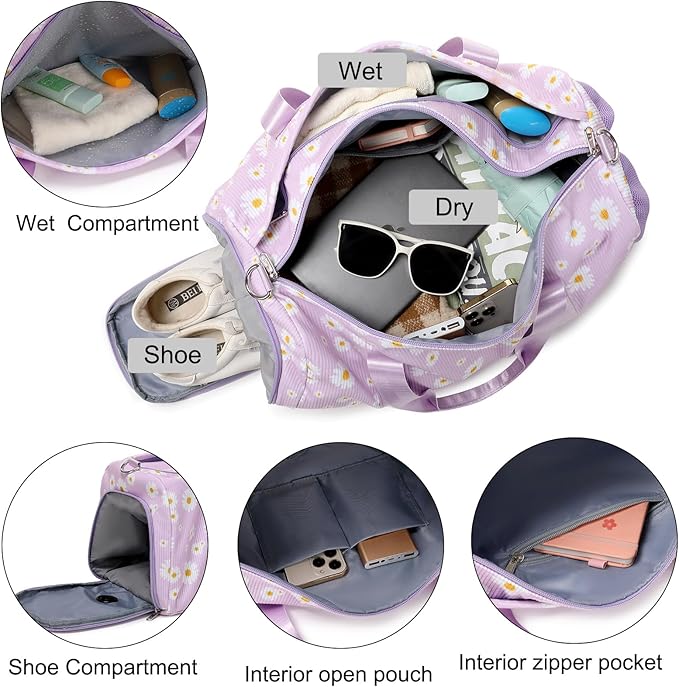 Dance Bag Ballet Bag for Girls Teen Travel Duffel Bags Sports Gym Bag Yoga Bags Cheer Bag Girls Weekender Bag Corduroy Daisy Dance Bag with Shoe Compartments（purple daisy）