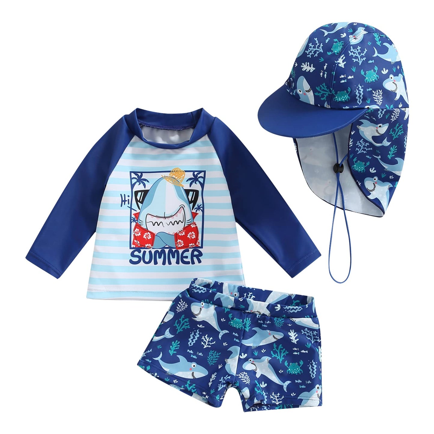 Little Kids Swimsuit Boys Girls Cute Cartoon Long Sleeve Tankini Bathing Suit Summer Beach Hawaii Swim Set (C-Shark,2-3T)