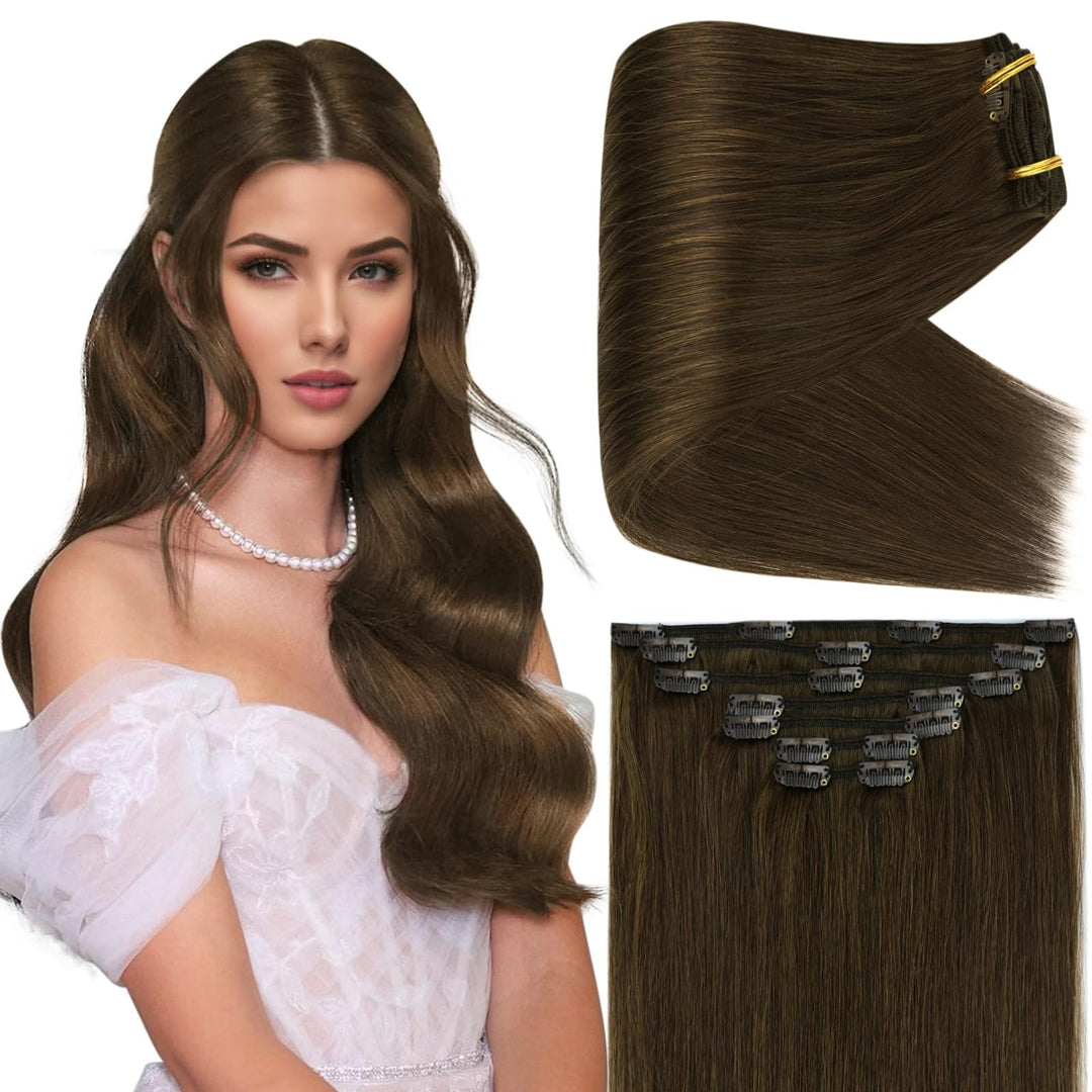 Full Shine Brown Clip in Hair Extensions Thick Golden Brown Hair Extensions Clip ins Real Human Hair Clip in Extensions Natural Hair for Women 16 Inch 7 pcs