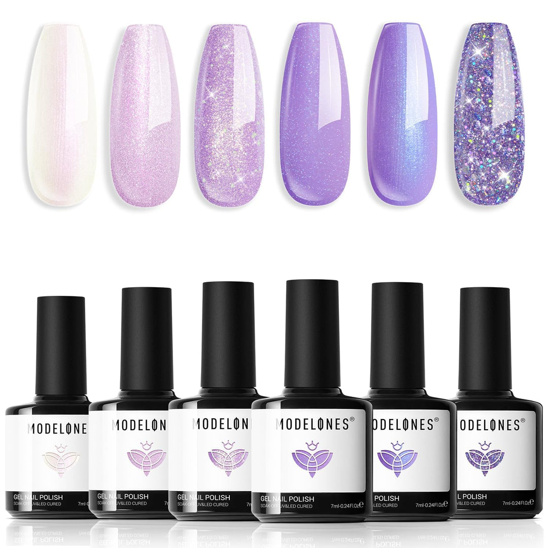 Modelones Purple Glitter Gel Nail Polish Set, 6 Colors Shimmer Violet Mermaid Gel Nail Cat Eye Sparkle Soak Off Led Nail Polish for Women Girl DIY Nail Art Gift