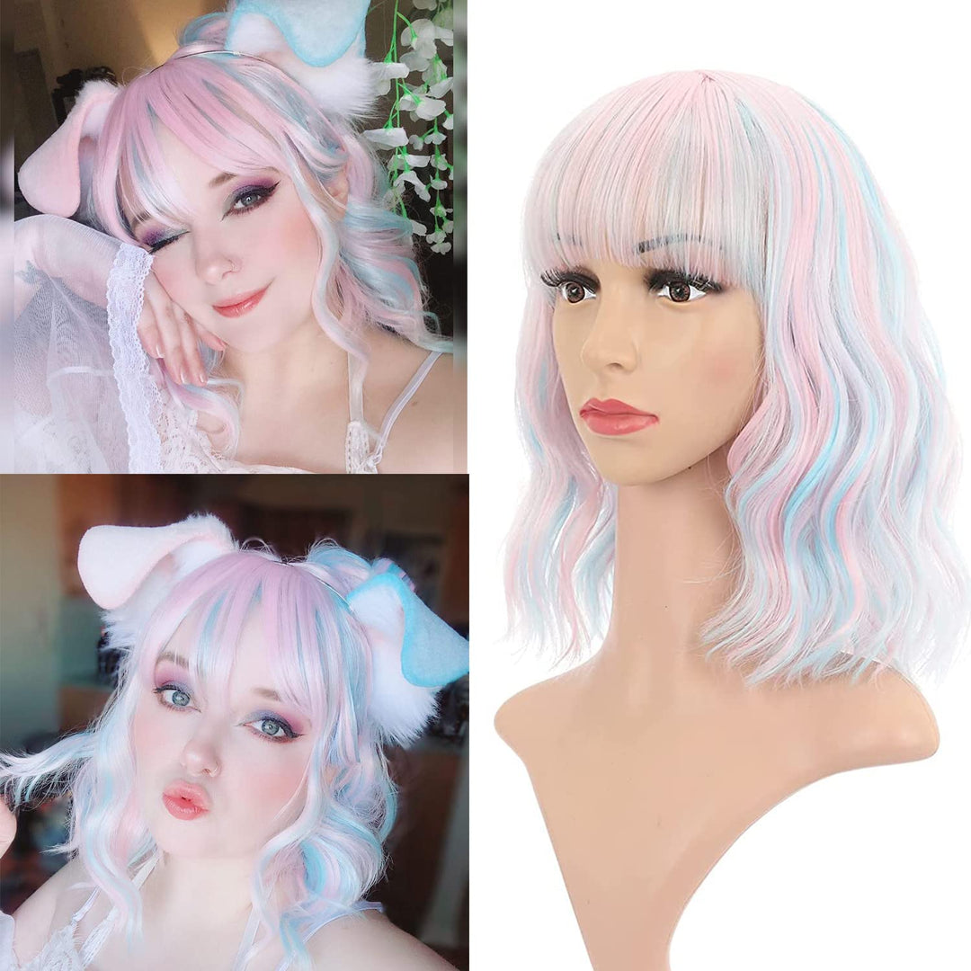 VCKOVCKO Natural Wavy Wig - Short Bob with Air Bangs, Pastel Mixed Color (12", Pink & Sky Blue)