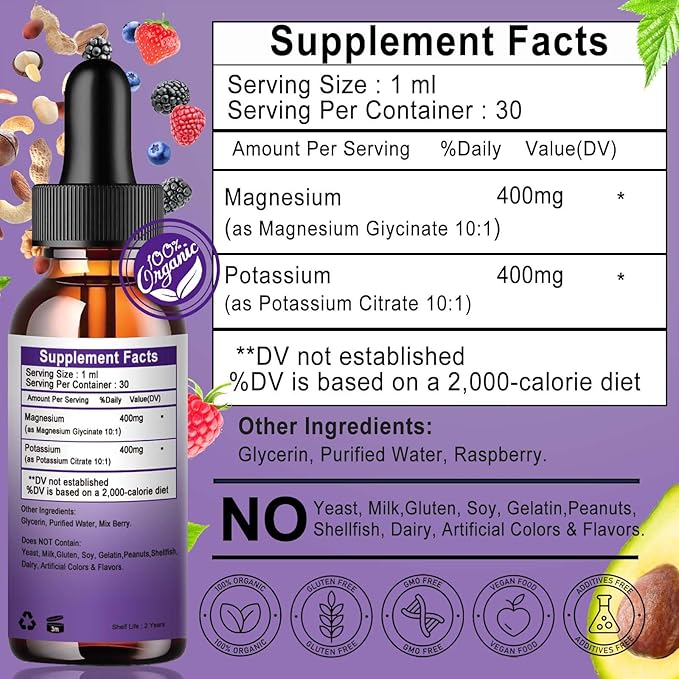 Magnesium Glycinate with Potassium Supplement,Liquid Magnesium Glycinate 500mg Potassium Citrate 500mg, Magnesium Liquid Drops for Vascular, Bone, Heart, Muscle & Nerve Health,Non-GMO,Vegan