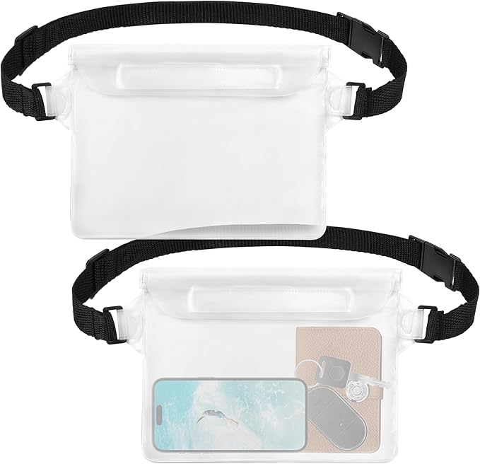 2-Pack Waterproof Pouch with Adjustable Waist Strap, Waterproof Dry Bag, Keeps Cell Phones and Valuables Safe and Dry, Perfect for Kayaking, Beach, Camping and Swimming (Black)