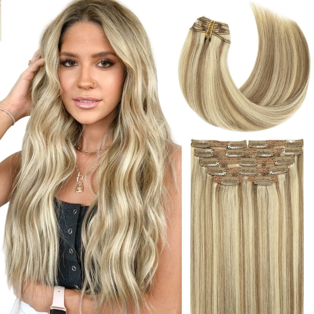 Lacer Hair Clip In Hair Extensions Real Human Natural Hair Light Brown Highlighted Platinum Blonde Color Fine Remy Hair Clip On