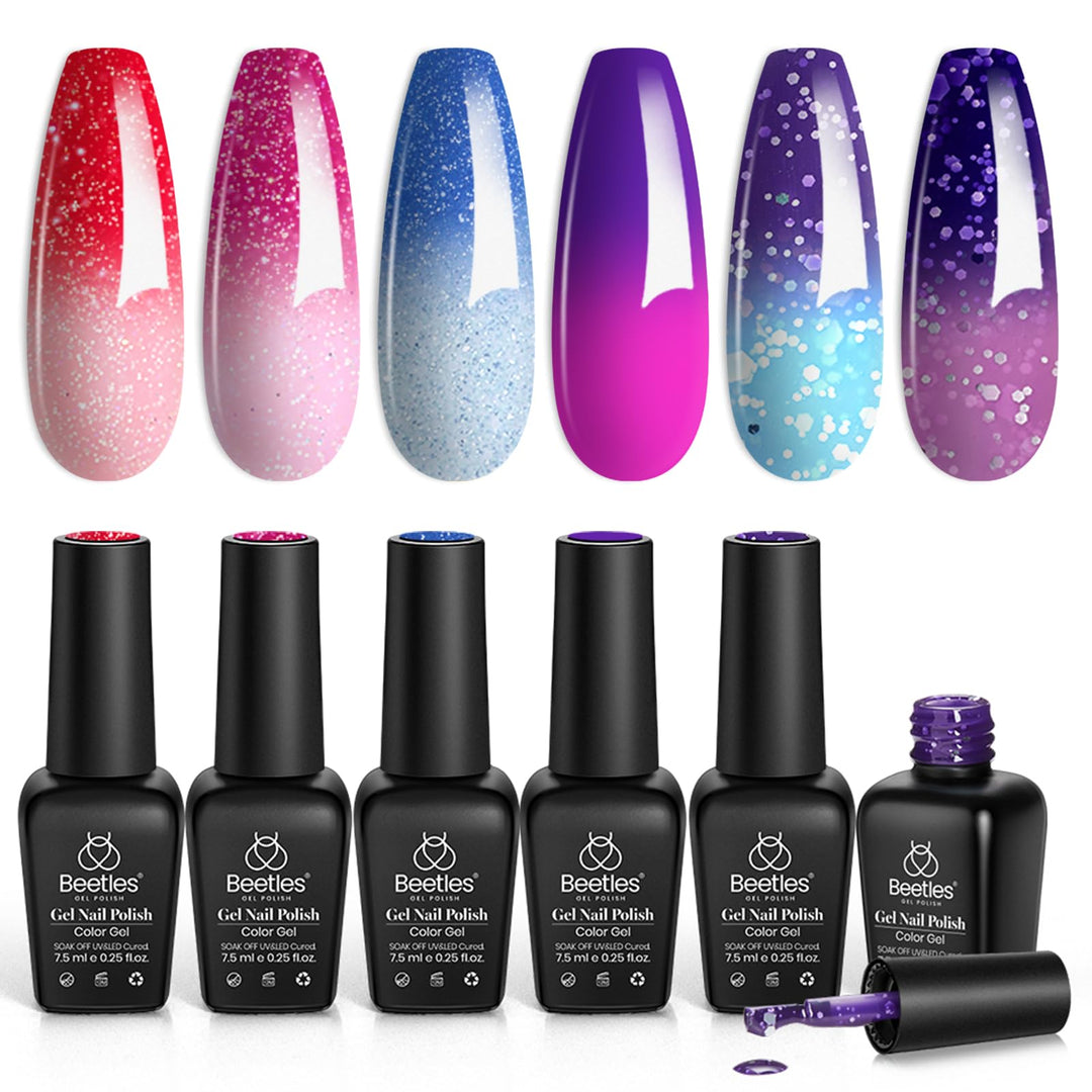 Beetles Color Changing Gel Nail Polish Kit, 6 Colors Pink Red Glitter Blue Purple Temperature Change Gel Polish Soak Off Uv Led