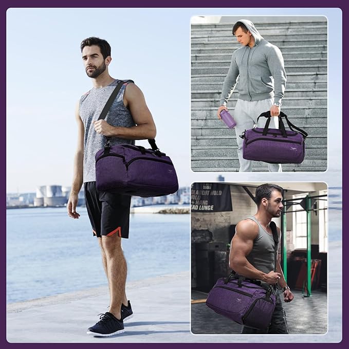 FIORETTO 35L Mens Sports Gym Bag with Toiletry Bag & Shoe Compartment, Travel Duffle Bag Overnight Bag with Padded Shoulder Strap, Sports Holdall for Swimming, Basketball Purple