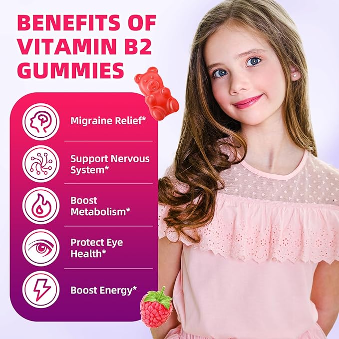 Vitamin B2 Gummies for Kids & Adults, VIT B2 Riboflavin 400mg Supplement with Magnesium for Migraine Relief & Nervous System Support, Non-GMO, Vegan, Raspberry Flavor 120 Count