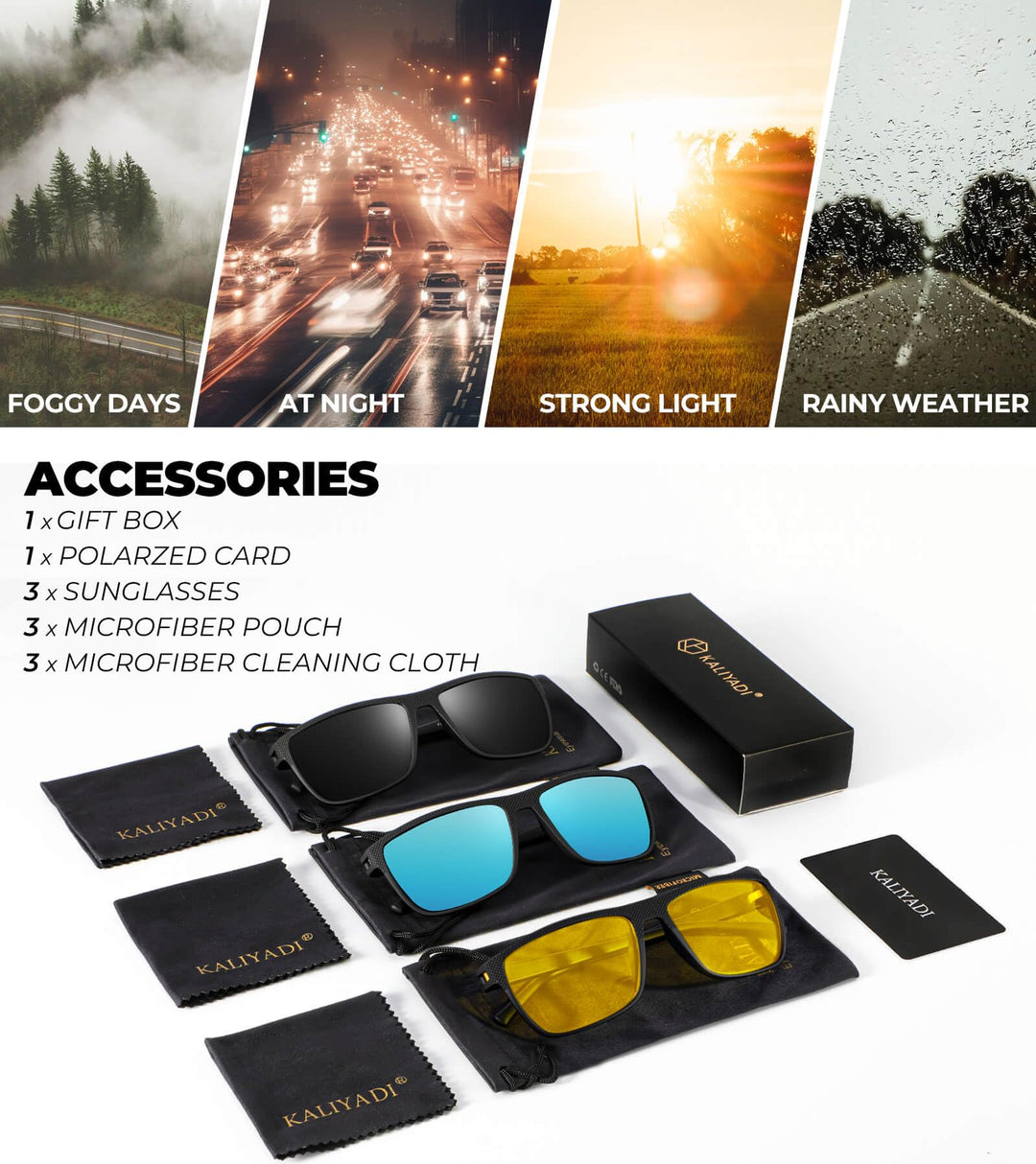 KALIYADI Polarized Sunglasses Men, Lightweight Night Vision Glasses for Driving Fishing Golf (Black/Ice Blue/Night Vision)