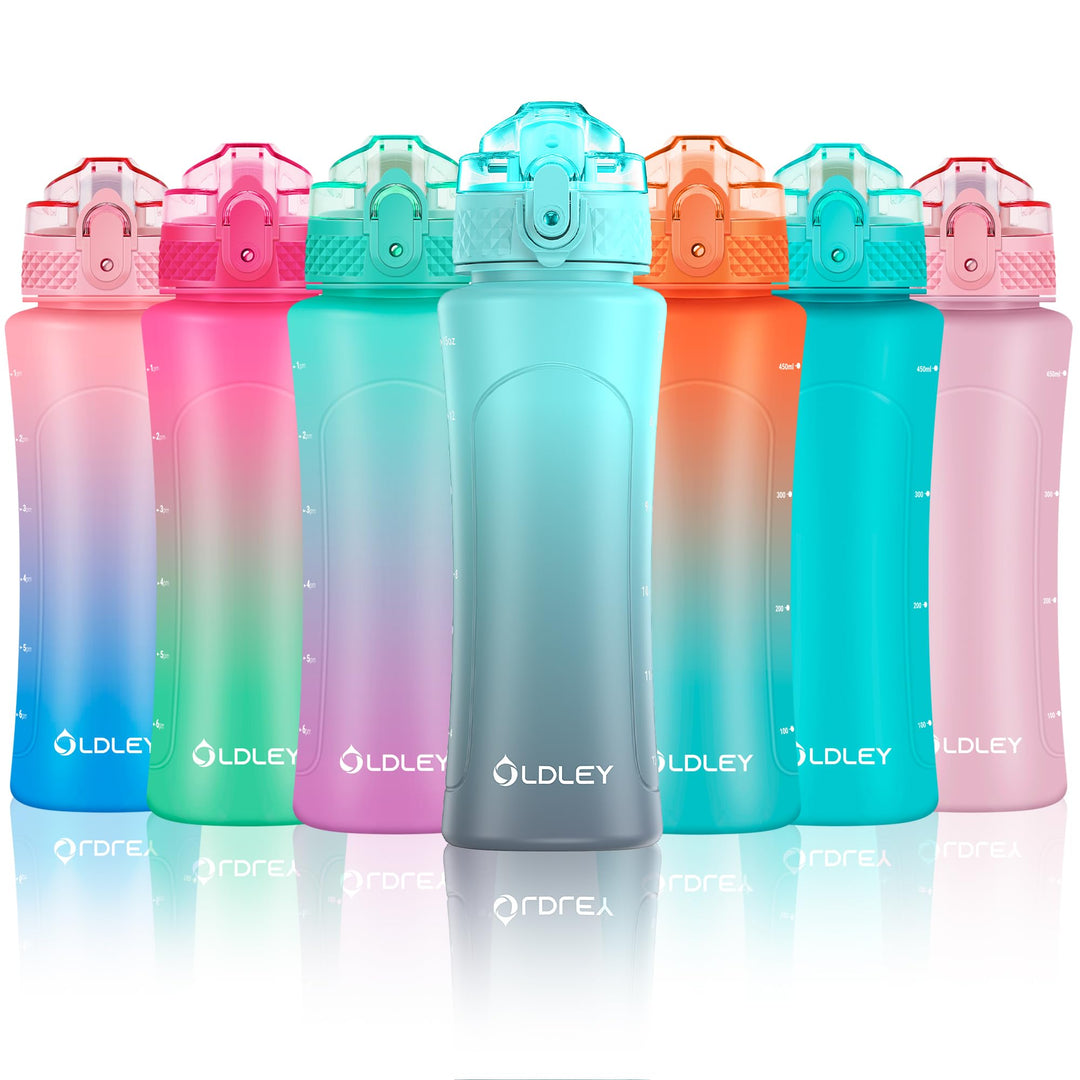 OLDLEY Kids Water Bottle with Straw 15 oz BPA-Free Leak-Proof Motivational Water Bottles with Time Marker for School Sports Travel Gym, Easy to Use for Girls Goys, 1 Straw Lid, Blue Grey