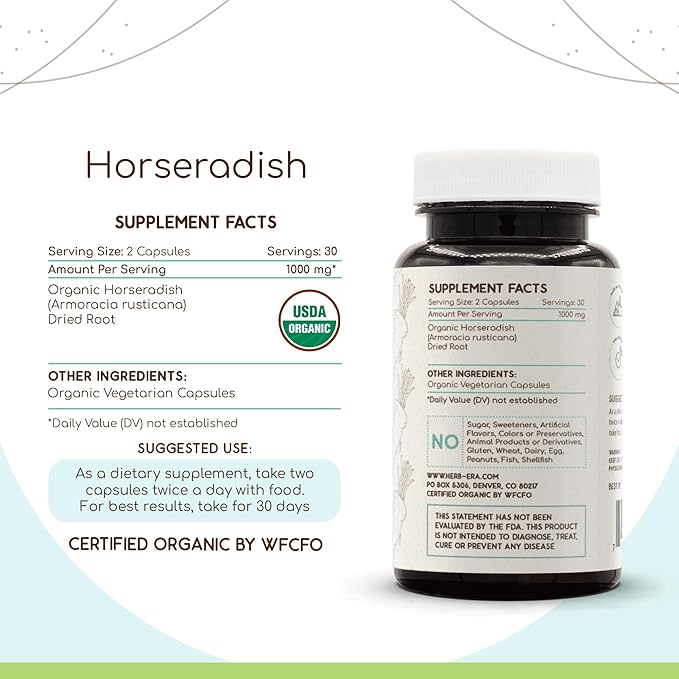 Horseradish USDA Organic 60 Capsules | Natural Herbal Supplement | Certified Organic Vegetarian Capsules and Organic Horseradish (Armoracia rusticana) Dried Root (60 Capsules)