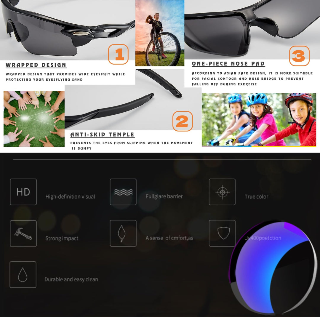 swanoble UV400 2 Sports Sunglasses for Kids Cycling,Light frame Sunglasses for Boys Girls,Youth Softball Baseball Golf (Transparent Green+White orange)