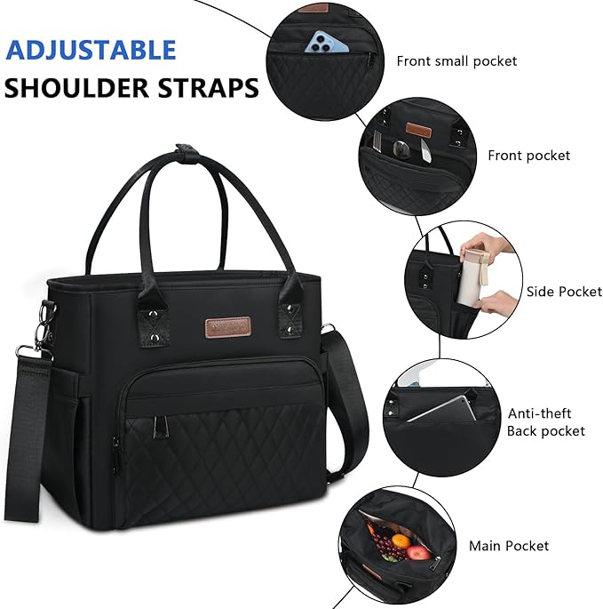 Lunch Bag Lunch Box Women - Leakproof Insulated Lunch Cooler Bag for Men Women - Large Lunch Tote Bags Adults, Black - MIYCOO