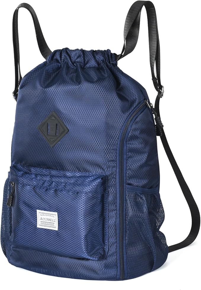 ALUSBELL Large Drawstring Backpack Bag, Sports Gym Bag String Sackpack with Shoes Compartment, Waterproof String Bag Cinch for Women Men(Navy Blue)