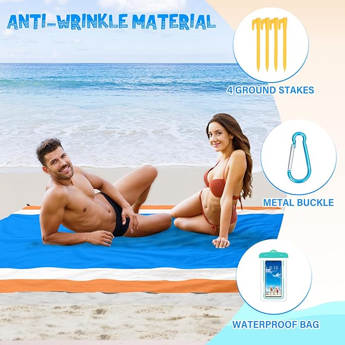 Beach Blanket Waterproof Sandproof 1-7 Adult Oversized 78 '' × 81 '' Lightweight Durable Compact Sand Free Beach Mat for Travel Camping Hiking Picnic Blanket