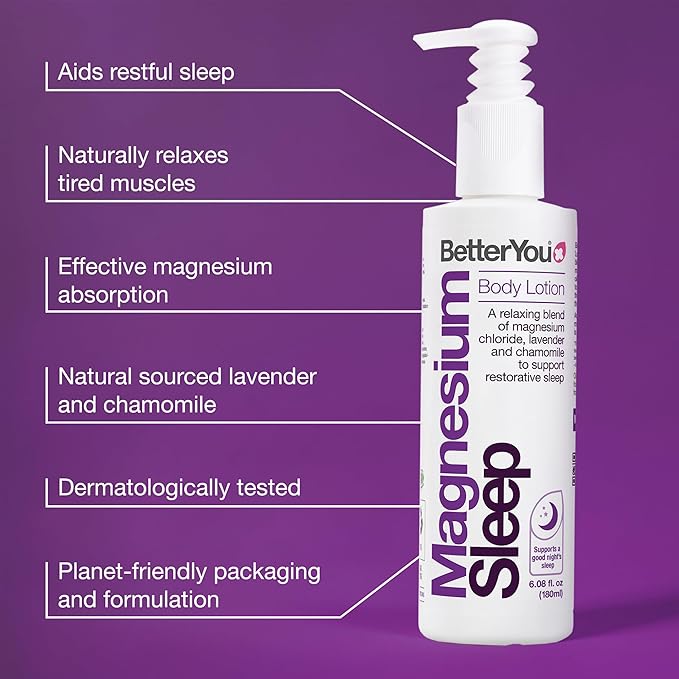 BetterYou Magnesium Sleep Body Lotion - Relaxing Body Lotion - Magnesium Body Cream with Lavender and Chamomile Blend - Sore Muscle Relief - 6.08 oz