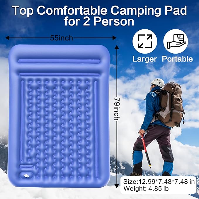 5-Inch Thick Double Sleeping Pad for Camping - Self-Inflating 2 Person Camping Mattress with Built-in Foot Pump, Insulated Inflatable Camping Mat for Backpacking, Hiking, Tents & Winter