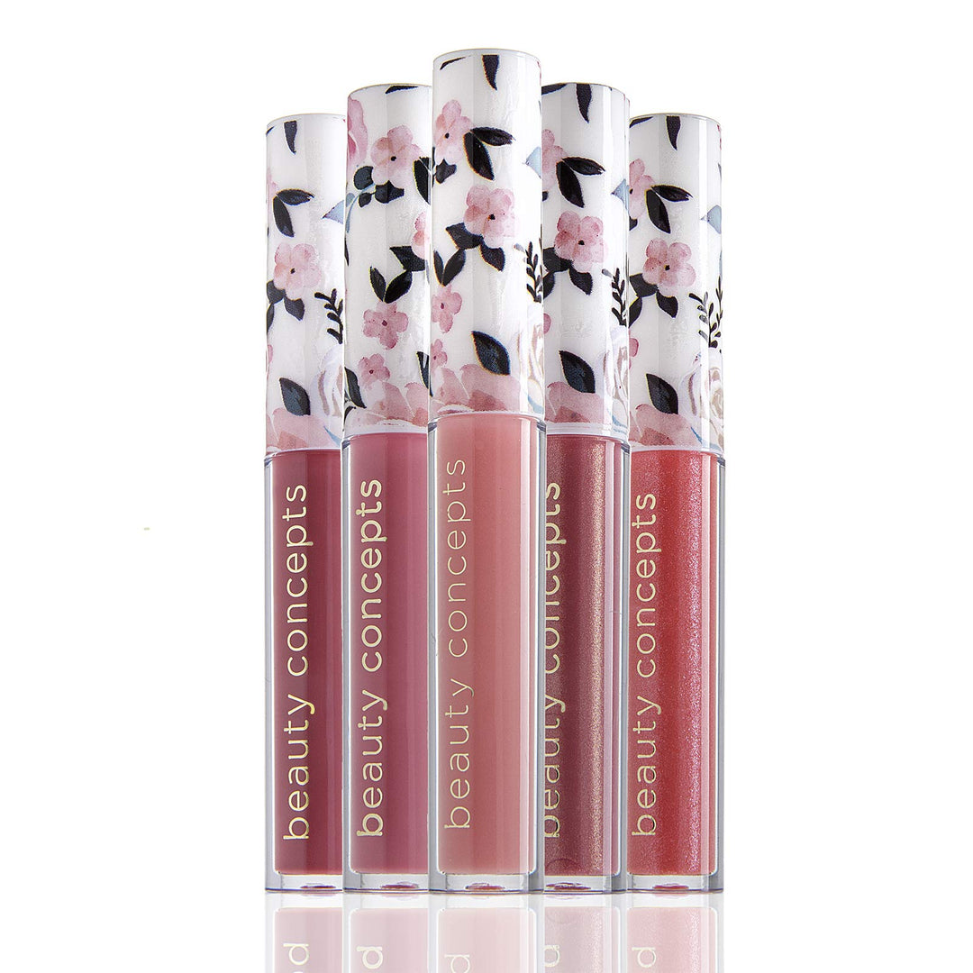 Beauty Concepts Lip Gloss Collection- 5 Piece Lip Gloss Set In Pink Colors, Sage Floral Box