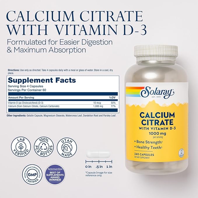 Solaray Calcium Citrate w/Vitamin D3 1000mg, Healthy Bones & Teeth, Heart, Muscle & Nerve Support, 60 Serv, 240 VegCaps