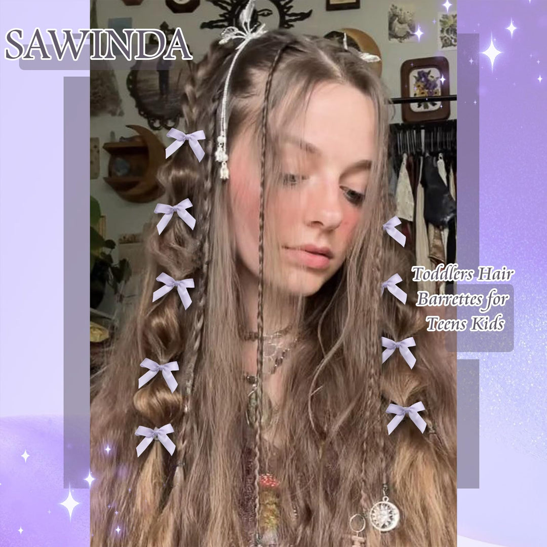 SAWINDA 30PCS Hair Accessories: Pink Satin Bows, Blue Mini Ribbons, Non-Slip Barrettes - Cute Clips for Kids, Women, and Girls