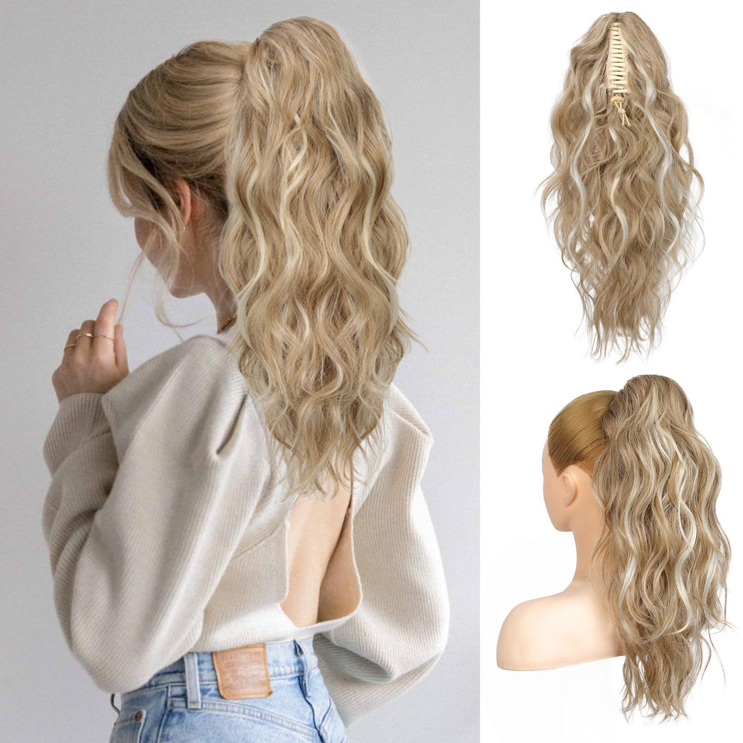 Flufymooz Ponytail Extension, 18 Inch Claw Clip Ponytail Extension, Wavy Curly Claw Clip in Ponytail Hair Extensions, Fake Ponytail Synthetic Hairpiece for Women (Honey Blonde with Blonde Highlights)