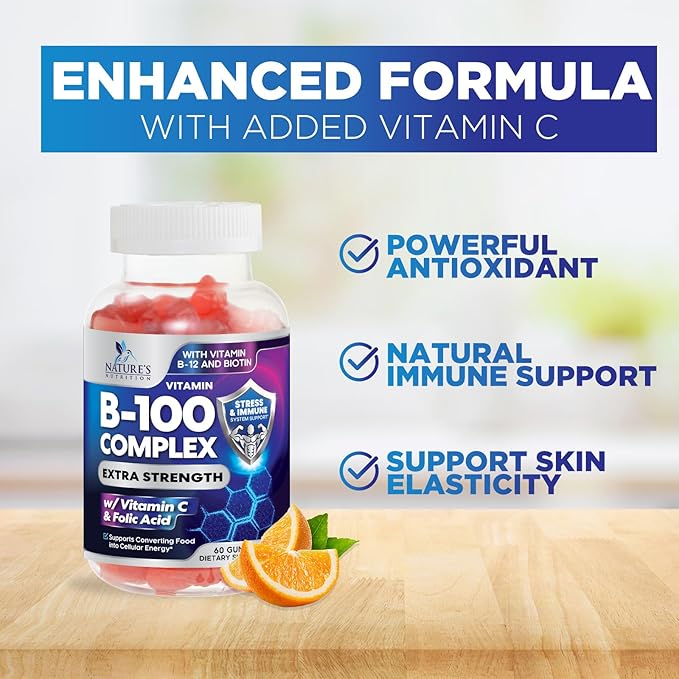 Super B Complex Gummy with Vitamin C & Folic Acid, Extra Strength Vitamin B Gummies Supplement with Niacin, B6, Folic Acid, B12, Biotin, Nature's Energy Immune Support Supplements - 60 Gummies