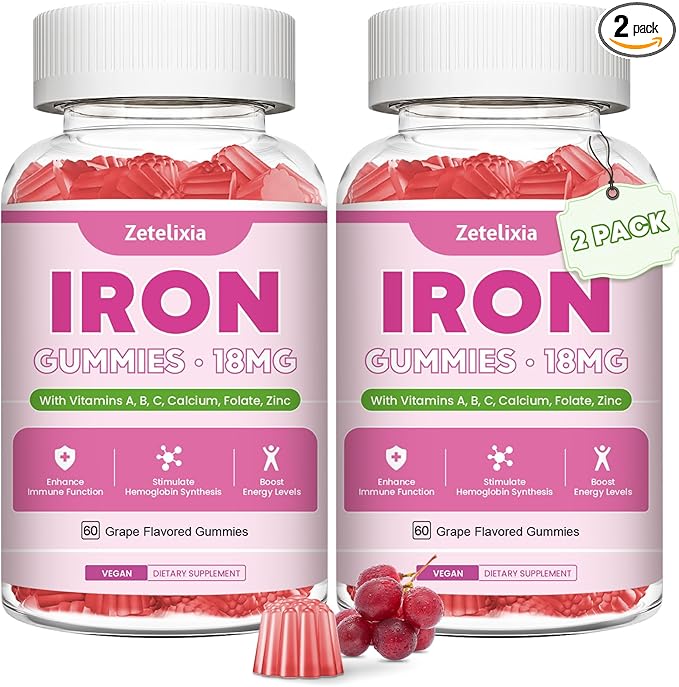 Vegan 2 Pack Iron Supplement Gummies for Women & Men, Anemia, Blood Builder & Energy Support for Iron Deficiency, with Vitamin C, A, B Complex, Folate, Beet Root, CoQ10, Zinc, Sugar Free, 120 Count