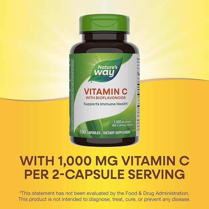 Nature's Way Vitamin C with Bioflavonoids, Immune Support*, High Potency Vitamin C per 2-capsule serving, Promotes Collagen*, 1,000 mg per 2-Capsule Serving, 100 Capsules (Packaging May Vary)