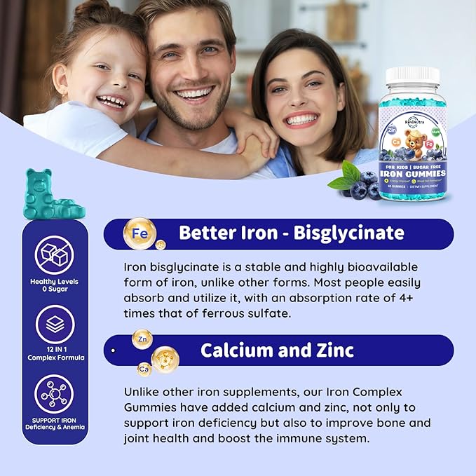 with Calcium, Zinc, Kids Multivitamin with Iron Gummies - Immune Support, Blood Builder & Energy Support for Iron Deficiency, Anemia, Vegan - 60 Gummies Blueberry Flavor