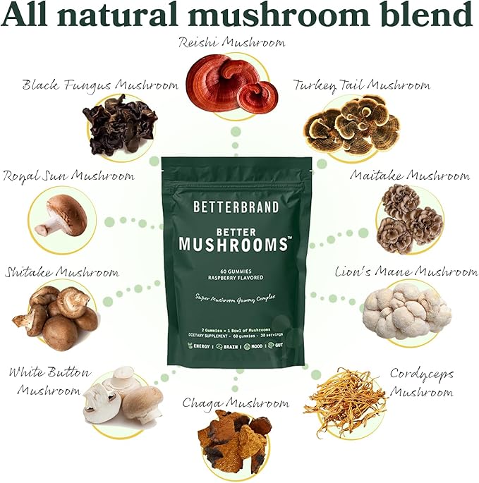 Betterbrand BetterMushrooms Mushroom Gummies to Support Gut Health, Metabolism, Energy, Focus - Lion's Mane, Cordyceps, Chaga & Maitake Mushroom Supplement - Maintains Healthy Immune System